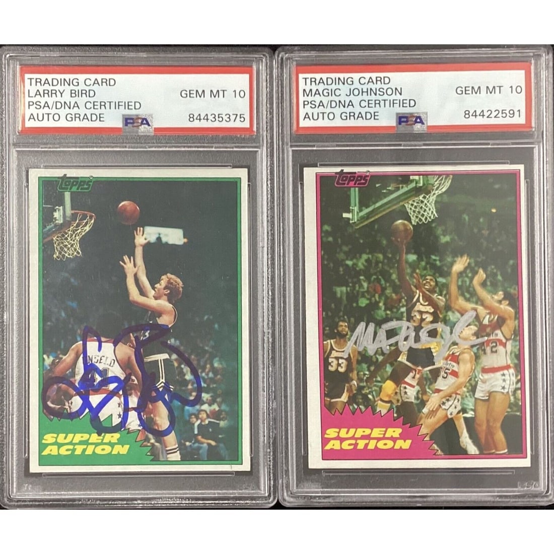 Magic Johnson +Larry Bird Signed 1981 Topps Rookie Card Pair PSA 10 AUTO (1 of 1)
