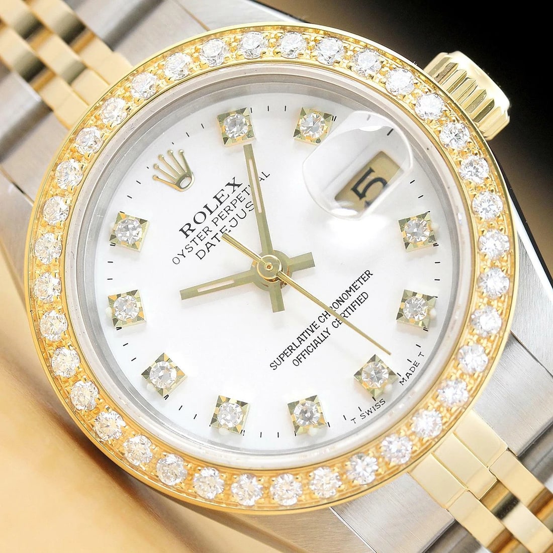 ROLEX LADIES DATEJUST 18K YELLOW GOLD STEEL FACTORY DIAMOND WHITE 69173 WATCH (1 of 7)