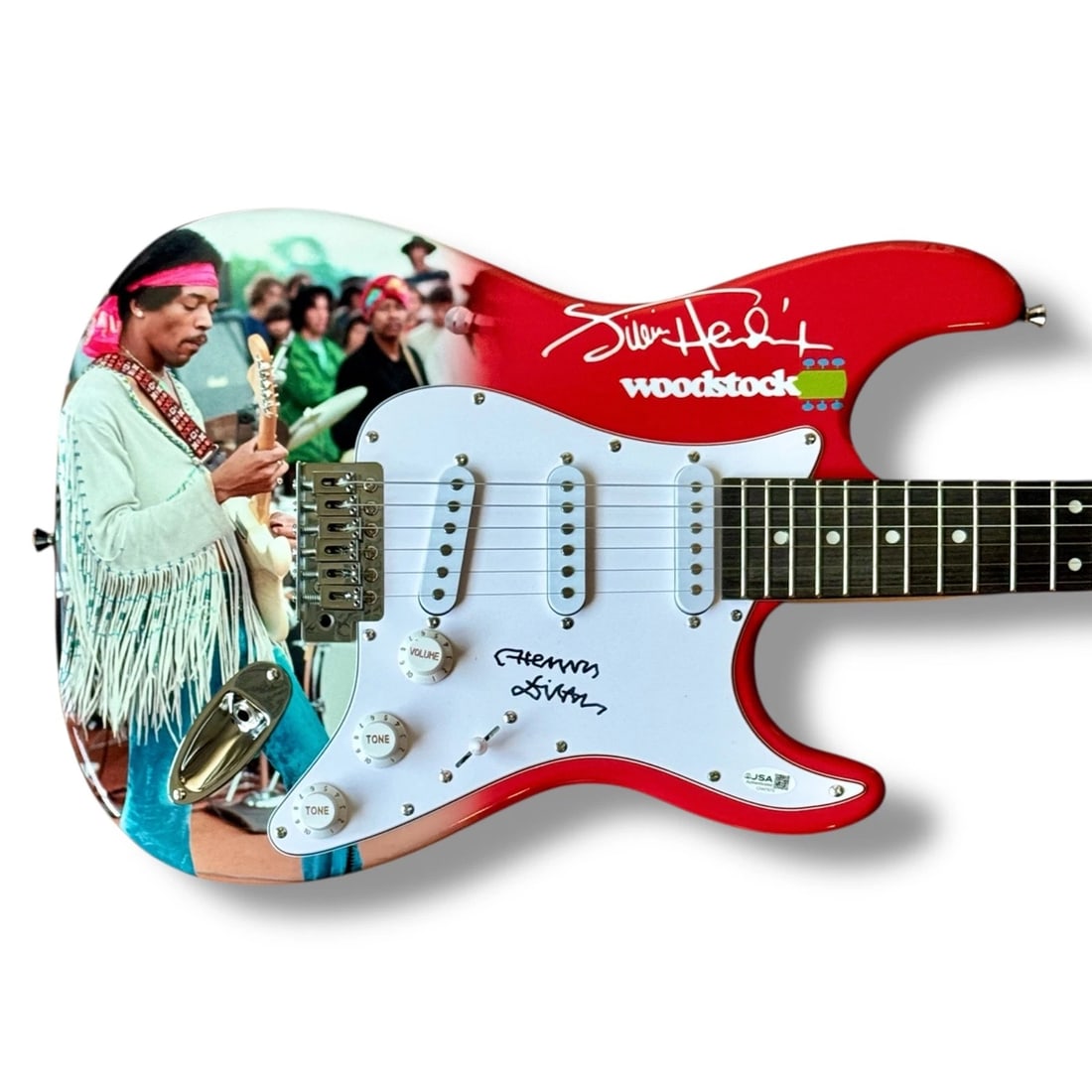 Henry Diltz Signed Guitar Custom Graphics JSA COA Jimi Hendrix Woodstock Doors: Industry: Music,Autograph Authentication: James Spence (JSA),Object Type: Guitar & Guitar Pick,Original/Reproduction: Original,Signed: Yes