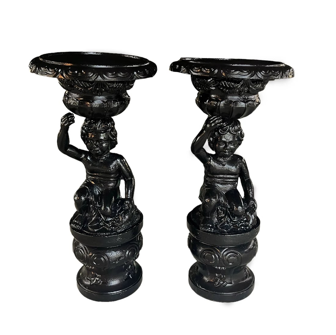 RARE Pair of Antique Italian circa 1880s Cast Iron Putti Urns Restored: Depth23 1/2" Height39 1/2" Arm Height:39 1/2" Seat Height39 1/2". Type: Urn,Color: Black,Decade: 1890s,Original/Reproduction: Antique Original,Theme: Angel,Material: Cast Iron,Features: Restored