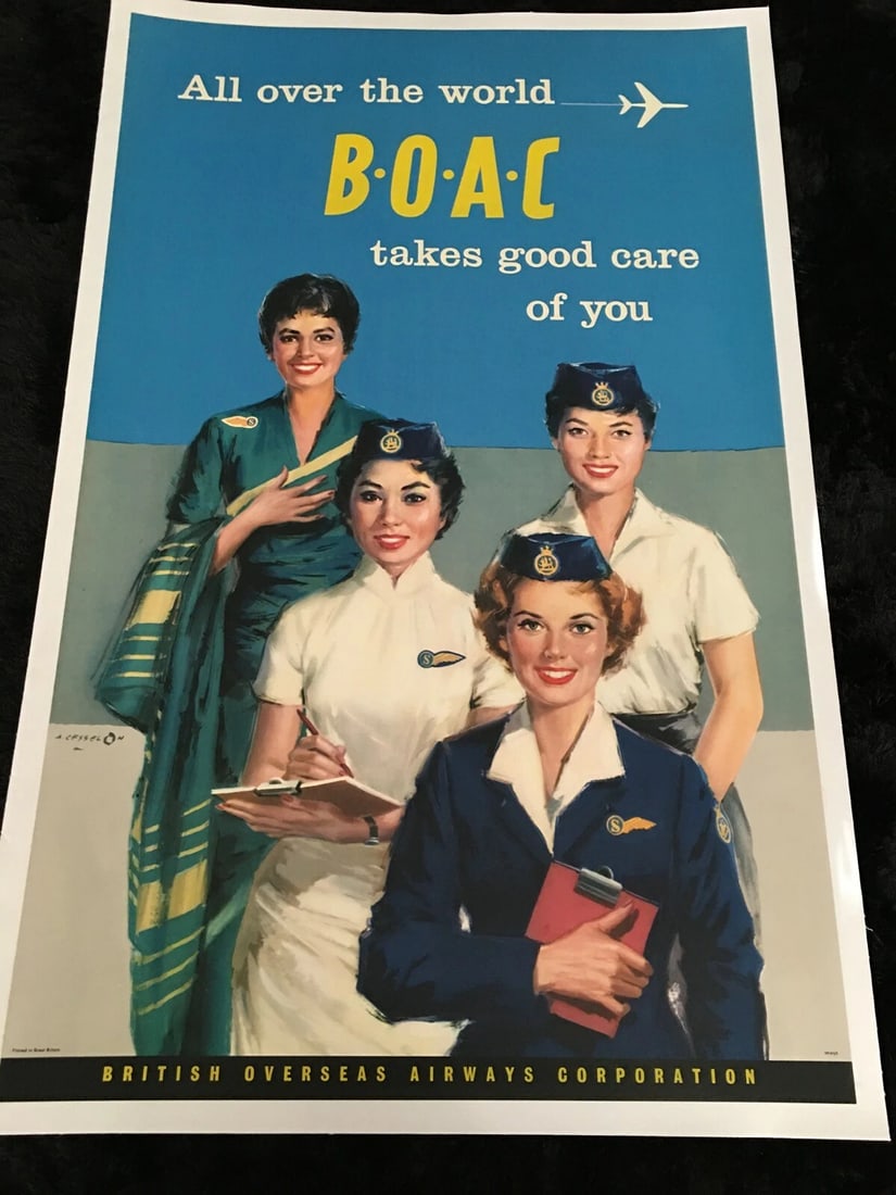 Vintage 1950's ALL OVER THE WORLD - B.O.A.C. TAKES CARE OF YOU Airline Poster NM: Condition: Used,Country of Origin: Egypt,Type: PosterVintage 1950's ALL OVER THE WORLD B.O.A.C. TAKES CARE OF YOU Airline Travel Poster Near Mint & LINEN LINEDArt by Angelo Cesselono