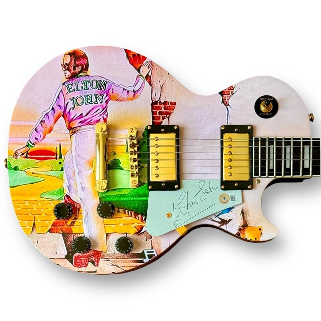 Elton John Signed Guitar Custom Graphics Beckett COA Goodbye Yellow Brick Road: Industry: Music,Object Type: Guitar & Guitar Pick,Signed: Yes,Autograph Authentication: Beckett,Original/Reproduction: OriginalSigner: Elton John Item Type: Full Size Autograph Edition Les Paul Style