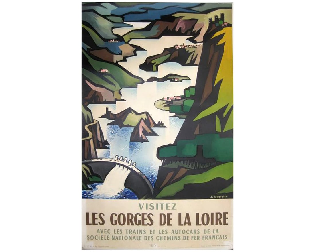 Vintage French Travel Poster: Les Gorges de la Loire by Jacquelin, Linen Backed: 100x62cm. Condition: Used: An item that has been used previously. See the seller’s listing for full details and description of any imperfections. ,Artist: Jean Jacquelin,Material: Paper, Linen,Origi