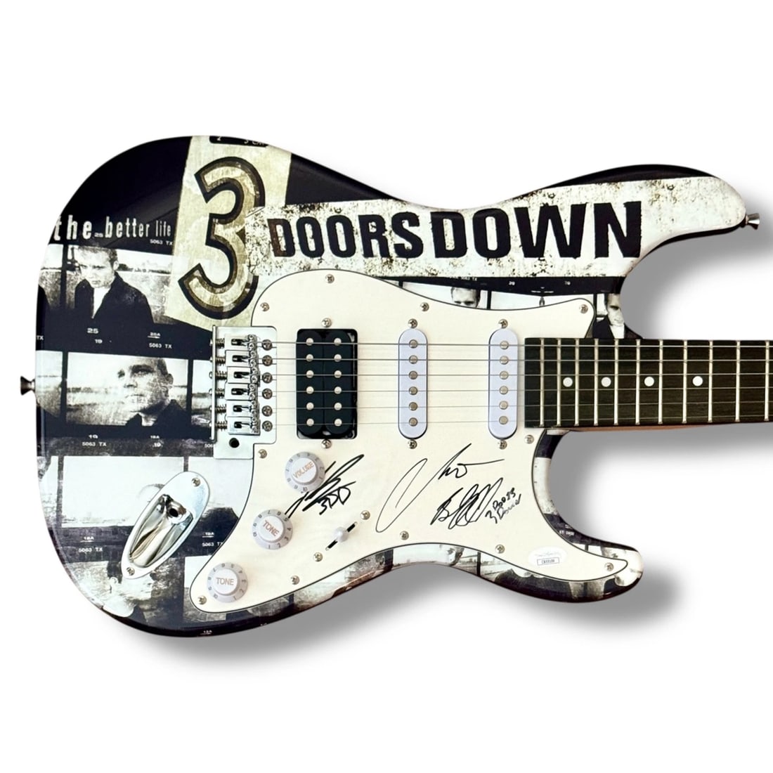 3 DOORS DOWN: Brad Arnold, Chris Henderson & Justin Biltonen Signed Custom Guitar (JSA COA): Industry: Music,Signed: Yes,Autograph Authentication: James Spence (JSA),Object Type: Guitar & Guitar Pick,Original/Reproduction: Original