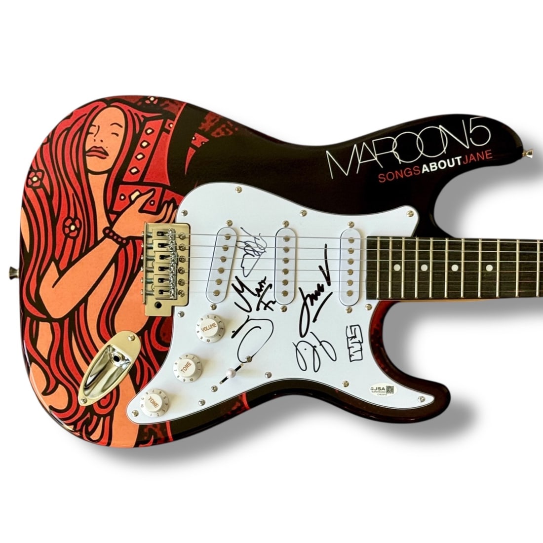 Maroon 5 Signed Guitar JSA COA Custom Graphics Adam Levine +5 members: Maroon 5 Signed Guitar JSA COA Custom Graphics Adam Levine +5 members
