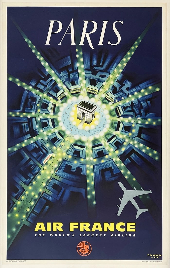 Original Vintage Poster AIR FRANCE PARIS French Airline Travel Tourism LINEN: Dimensions: 24.6 x 39.2 in. / 62.5 x 99.5 cm.; Circa: 1962. Condition: Used,Type: Poster,Airline: Air France,Materials sourced from: France,Modified Item: No