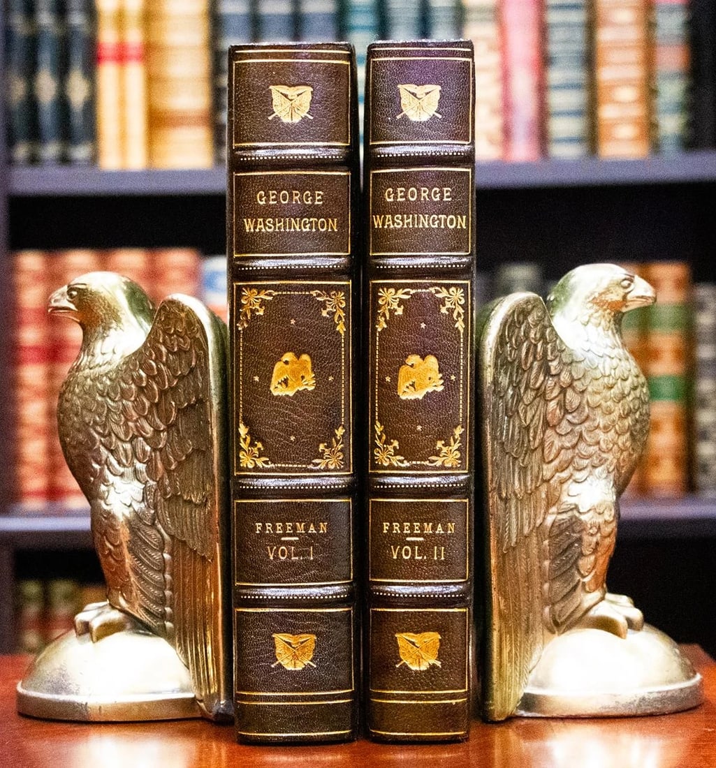 1948 George Washington a Biography Young Washington First Edition Fine Leather: VOLUMES ONE AND TWO "YOUNG WASHINGTON" ONLY - OF A LARGER SEVEN VOLUME SET IS IN NEAR FINE CONDITION BEAUTIFULLY BOUND BY MAURIN IN FULL CRUSHED MOROCCO WITH BRIGHT GILT RULE TO BOARDS, SIX