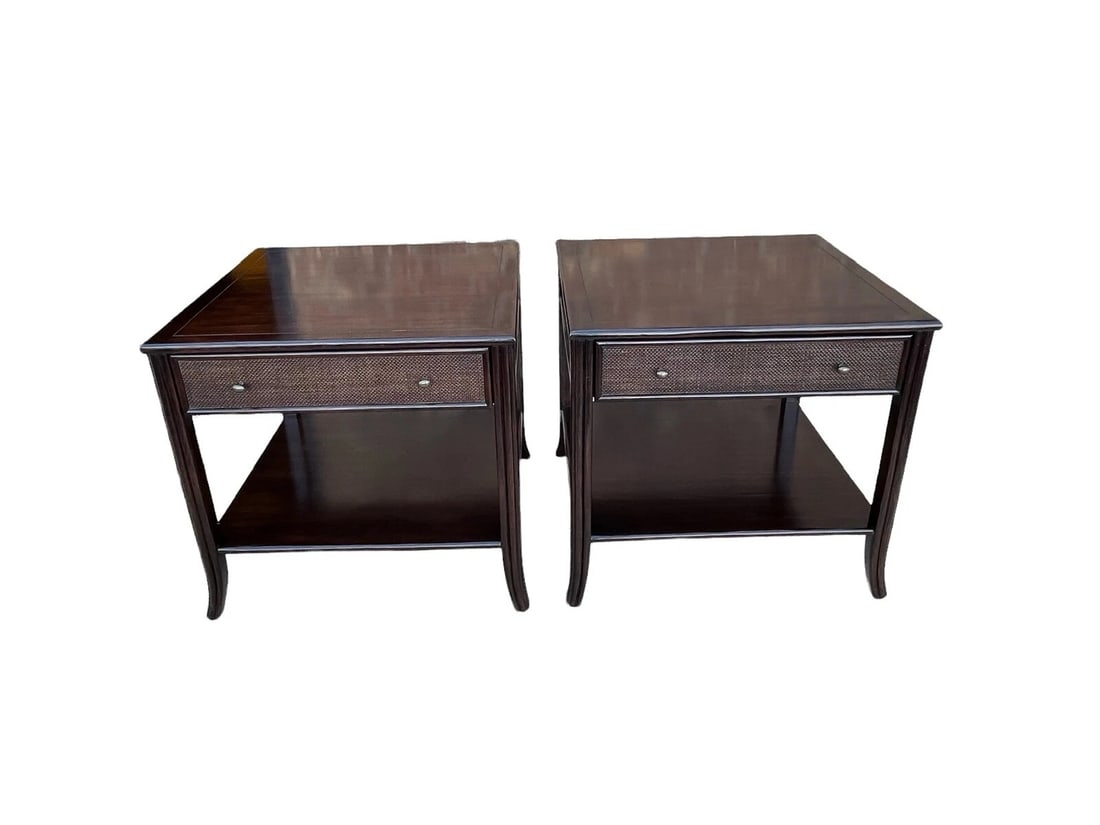 Pair of McGuire Modern Hollywood Regency Two-Tier Nightstands or Side Tables: Width28" Depth28" Height26". Condition: Used,Style: Modern,Item Height: 26,Item Width: 28,Type: Nightstand,Color: Brown,Number of Drawers: 1,Item Length: 28,Room: Bedroom,Indoor/Outdoor: Indoor,Handle