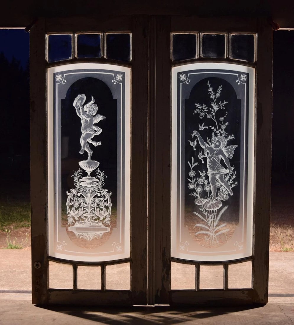 French Antique Pair Of Frosted Glass Windowas~( 70.25" H & 1.75" thick. One door is 28.5" W & the (1 of 20)