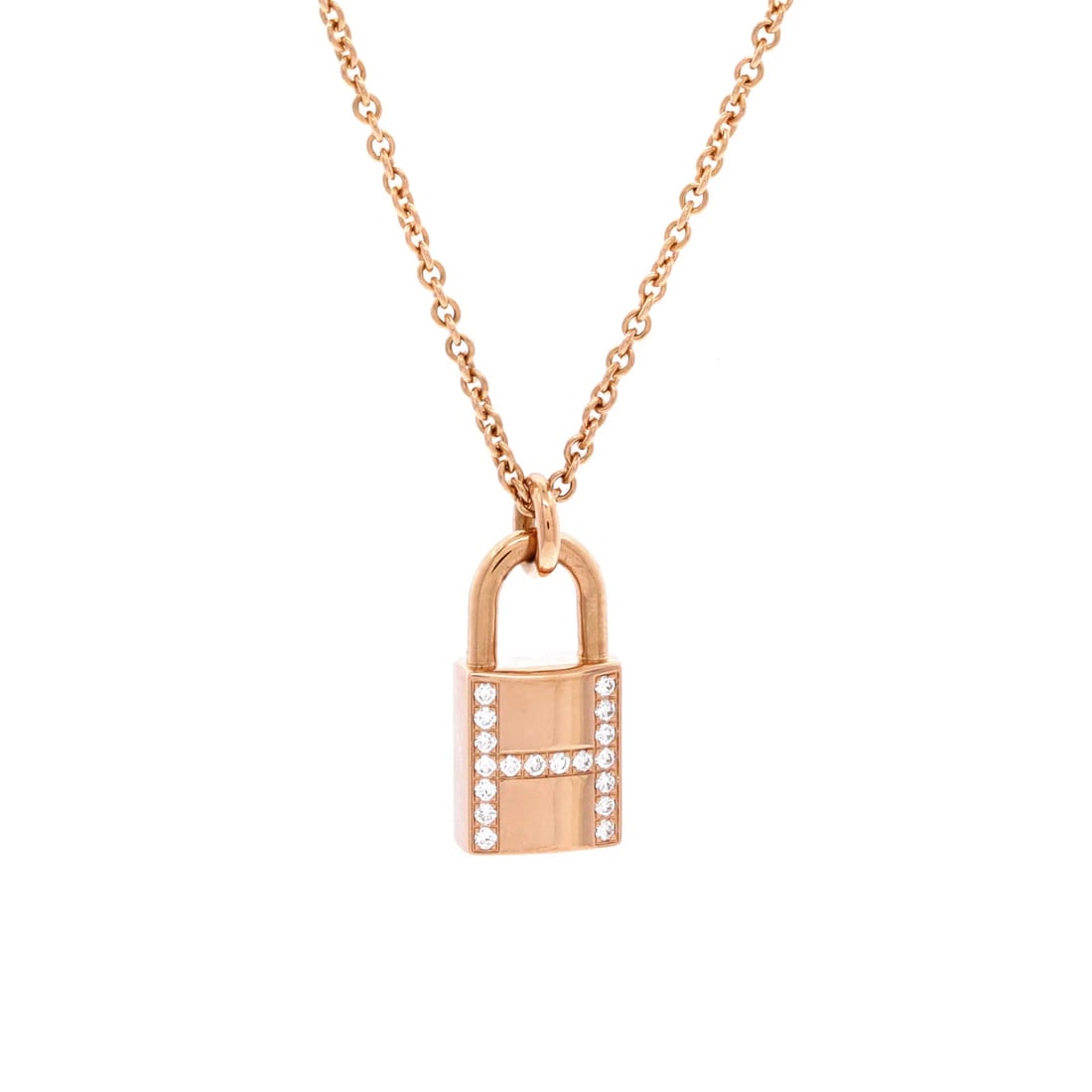 Hermes Amulettes Cadenas Pendant Necklace 18K Rose Gold with Diamonds: Measurements: Length: 15.0 - 15.75 ", Pendant Length: 16.50 mm, Pendant Width: 8.20 mm. Condition: Pre-owned - Good,Brand: Hermes,Main Stone: Diamond,Metal: 18K Rose Gold,Metal Purity: 18K,Style: