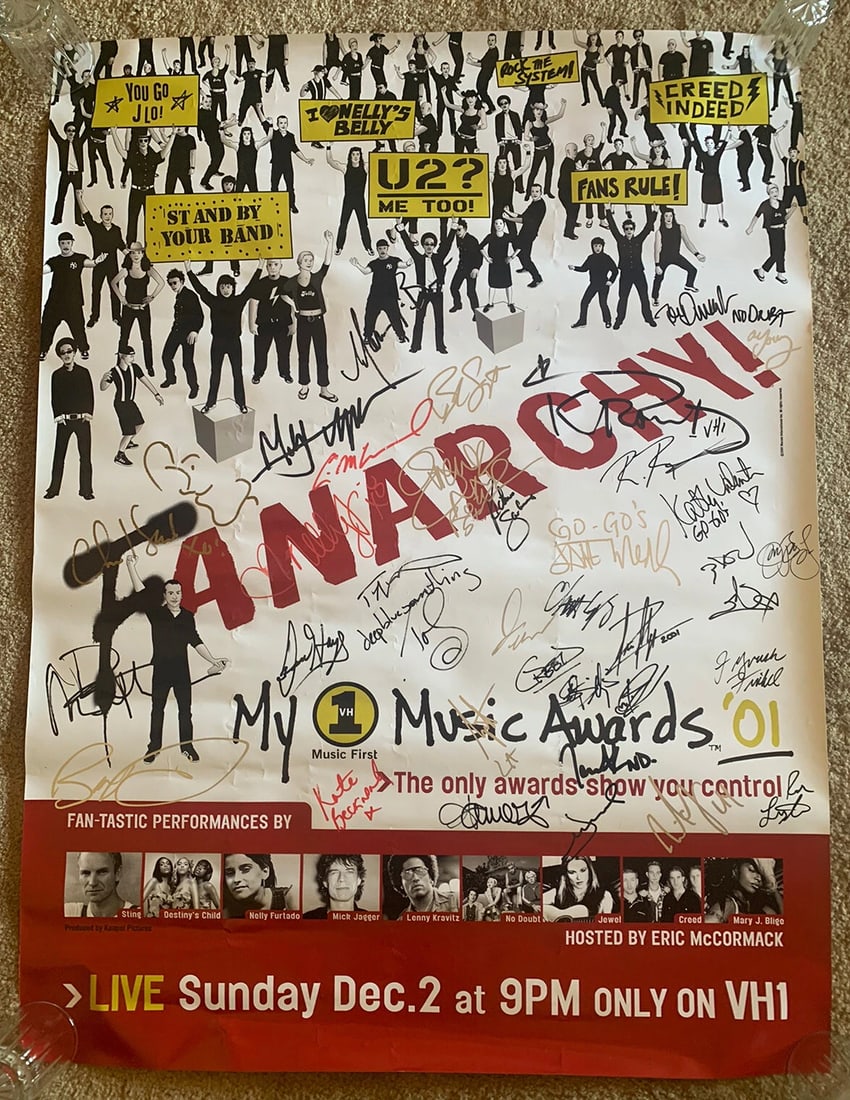 2001 VH1 Multi-Signed Poster w/36 Signatures Including Mick Jagger, Dave Matthews, Jon Bon Jovi & (1 of 12)