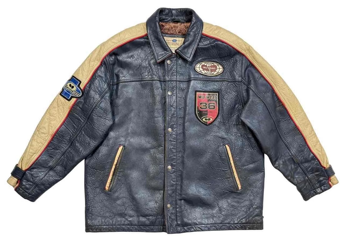 Vtg 1995 Wu-Wear Wu Tang Clan Navy Leather Mens Jacket XL Hip Hop Rap Rihanna: DIMENSIONS: Size XL, 34" in height from top of collar to bottom hem, arm length 32" from edge of cuff to neck, 27" in length from armpit to armpit.. Condition: Pre-owned - Good,Brand: Wu Wear,Outer