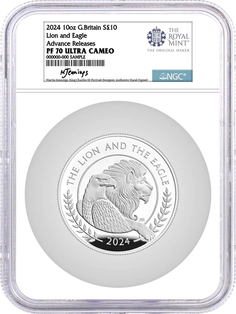 2024 G. Britain Proof 10oz Silver Lion and Eagle NGC PF70 UCAM AR Jennings: Composition: Silver,Coin: Mercanti's Lion and Eagle,Year: 2024,Certification Number: Actual Cert # Will Vary!!,Signature: Martin Jennings,Fineness: 0.999,Strike Type: Proof,Grade: PF70 UCAM,Precious