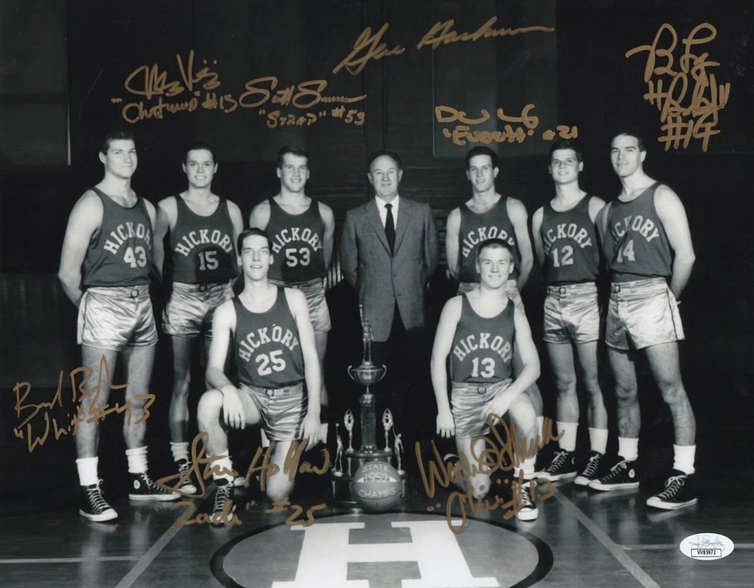 Hoosiers Signed Cast Autographed 11X14 Photo Gene Hackman 8 Total Autos Gold JSA: Includes Gene Hackman and 7 Hickory Players Signatures.. Object Type: Photograph,Signed by: Gene Hackman,Autograph Authentication: James Spence (JSA),Industry: Movies,Original/Reproduction: