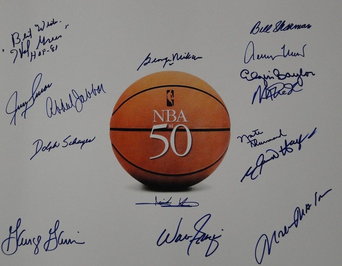 Abdul Jabbar Mikan Baylor West Magic Moses Malone Signed 16x20 Photo NBA 50: Signed by:Hal Greer, Jery Lucas, Dolph Schayes, George Gervin, Isiah Thomas, Walt Frazier,Abdul Jabbar, Bill Sharman, Jery West, Magic Johnson, Bill Sharman, Nate Thrumond, Elvin Hayes, Moses Malone.