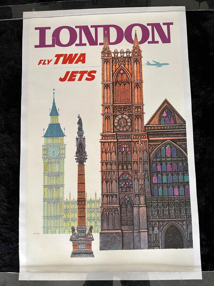 Original 1960's David Klein, " FLY TWA JETS- LONDON Travel Poster LINEN LINED (1 of 10)