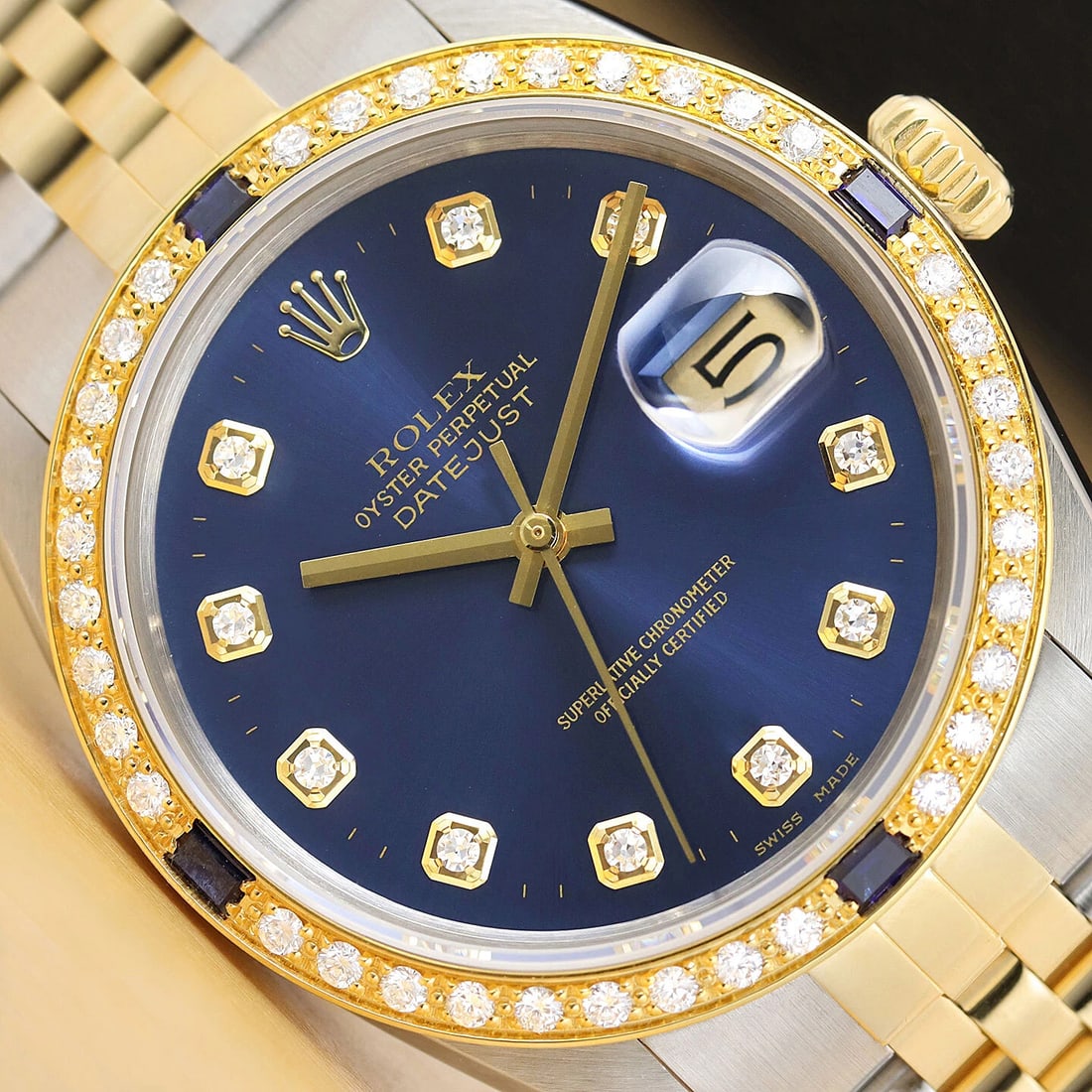 ROLEX MENS DATEJUST 16013 BLUE DIAL 18K YELLOW GOLD DIAMOND SAPPHIRE STEEL WATCH (1 of 9)