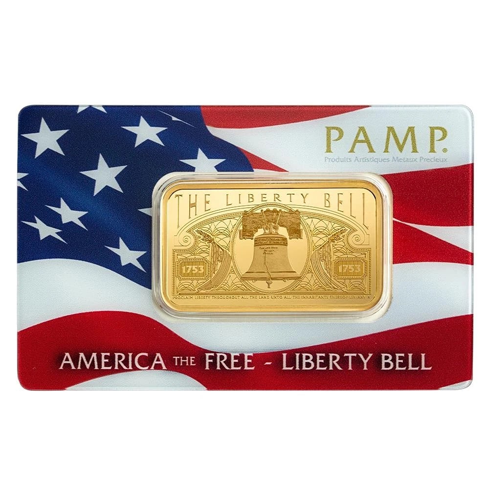 1 oz Gold Bar PAMP Suisse Liberty Bell (In Assay) .9999 Gold #A740: Materials sourced from: Switzerland,Country of Origin: Switzerland,Serial Number: Random,Shape: Bar,Brand/Mint: Pamp Suisse,Precious Metal Content: 1 oz,Fineness: 0.9999,Composition: Gold,Precious Met
