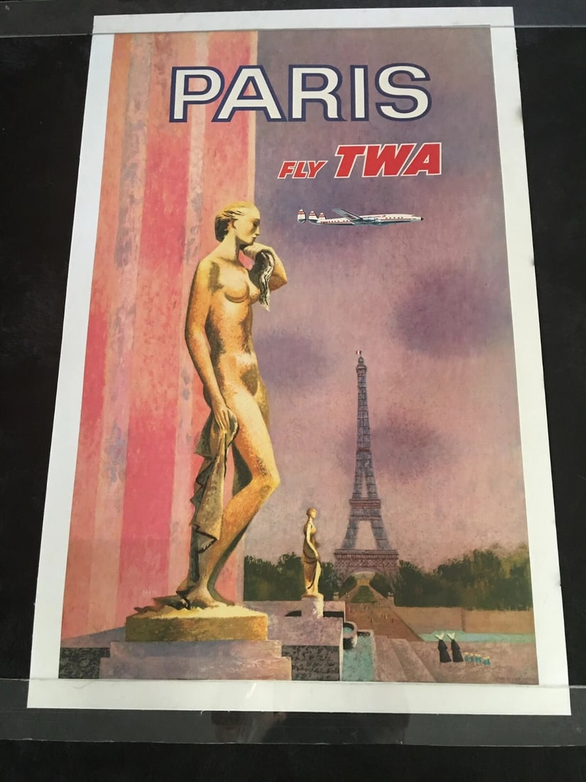 TWA "FLY TO PARIS" Orig.1958 Travel Airlines poster David Klein 25x40 NM LINEN (1 of 4)