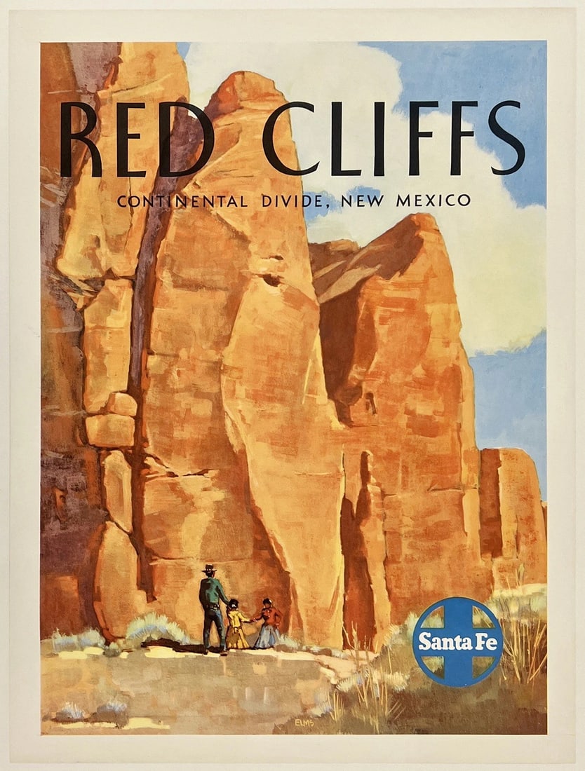 Original Vintage Poster SANTA FE RAILROAD RED CLIFFS Rail Travel Tourism LINEN (1 of 5)