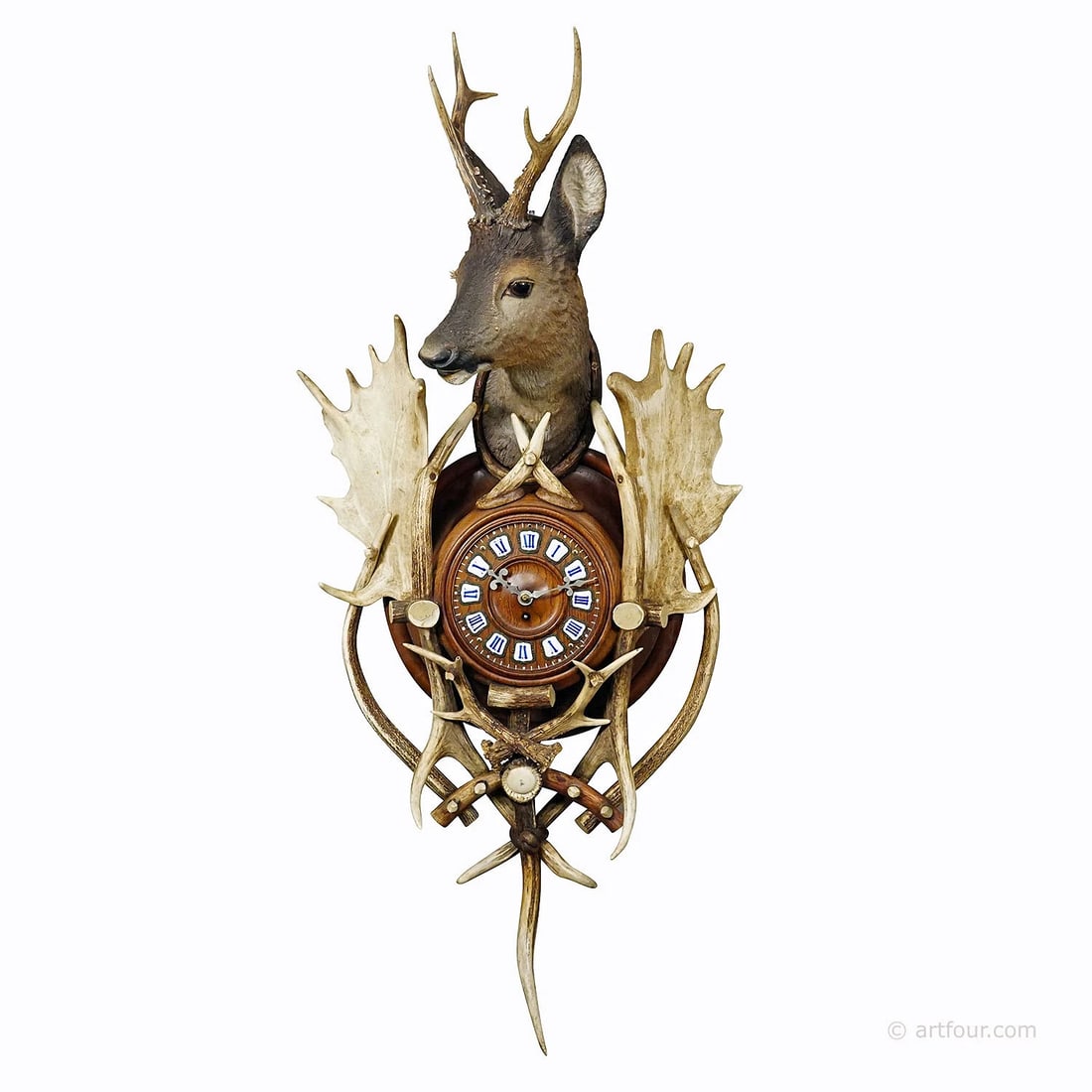 Antique Cabin Antler Wall Clock with Deer Head Austria ca. 1900 (1 of 12)