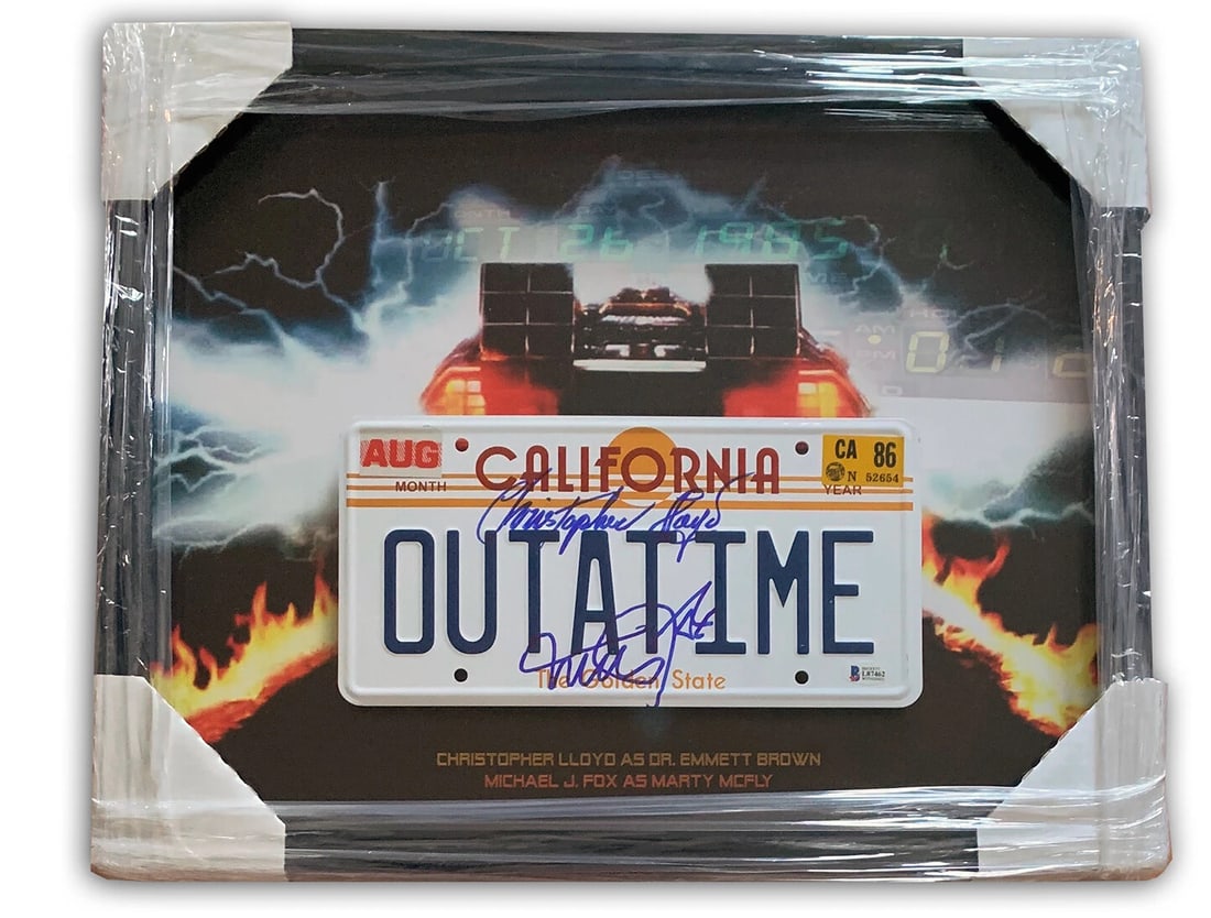 CHRISTOPHER LLOYD MICHAEL J FOX SIGNED OUTATIME LICENSE PLATE FRAMED BECKETT BAS (1 of 1)