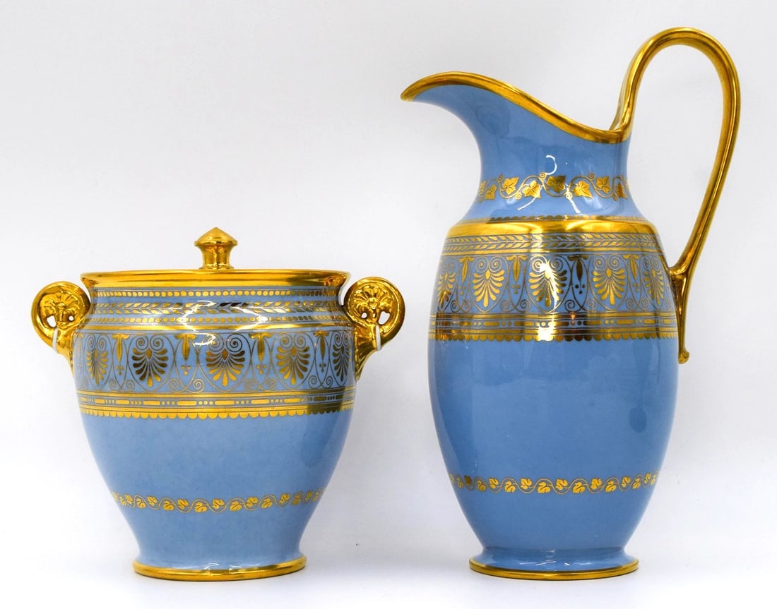 Antique Sevres 19th Century Fond Blue Agate Covered Sugar Bowl & Creamer: Condition: Used,Brand: Sèvres,Type: Creamer & Sugar Set,Color: Blue,Material: Porcelain