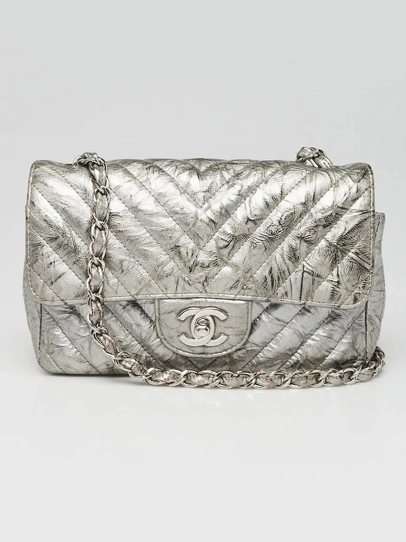 Chanel Silver Chevron Quilted Patent Leather Classic Rectangular Mini Flap Bag (1 of 9)