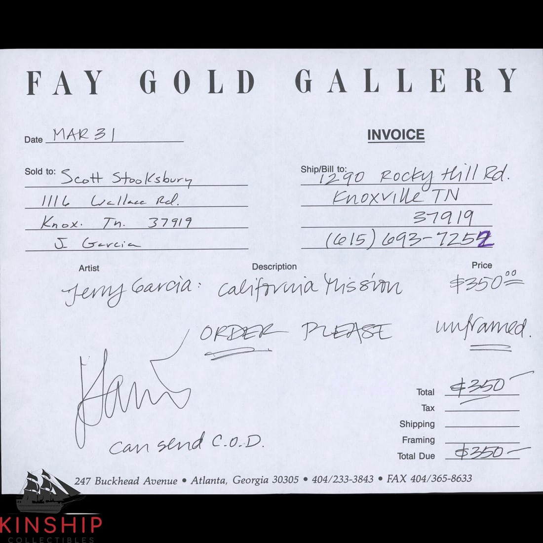 Jerry Garcia signed Art Invoice JSA LOA AUTO GRADE 9 Rare Grateful Dead Z1182 (1 of 3)