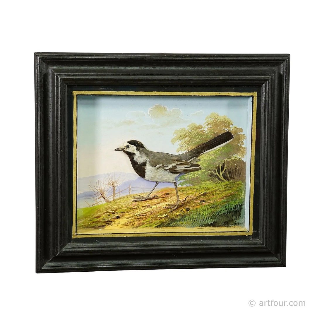 Victorian Diorama with White Wagtail ca. 1900: width: 14.57 inchesheight: 12.60 inchesdepth: 1.57 inches. Country/Region of Origin: europe,Original/Reproduction: original