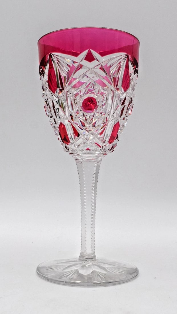 Rare Antique Baccarat "Lagny" Cranberry Cut to Clear Wine Glass - Circa 1925 (1 of 8)