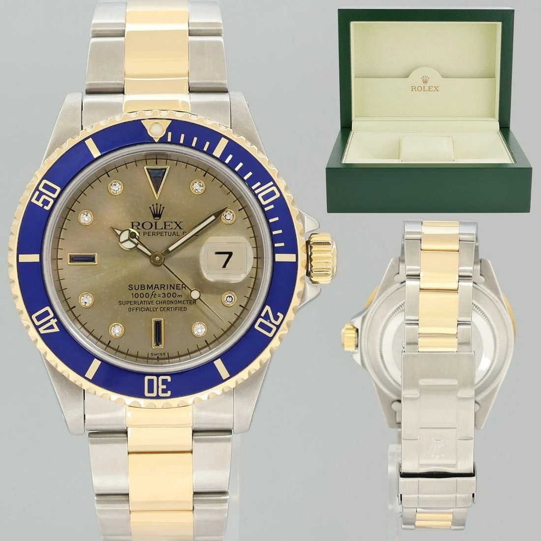 Rolex Submariner 16613 Two Tone Gold Champagne Serti Diamond Watch Box (1 of 7)
