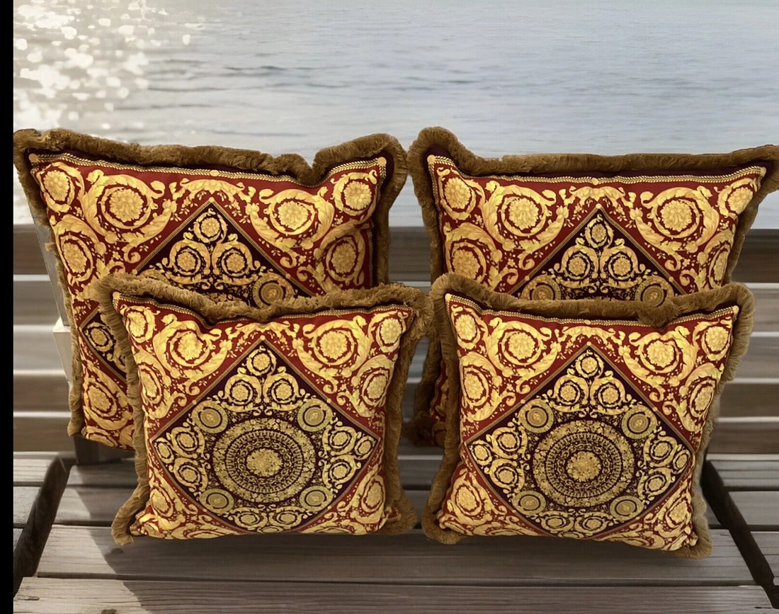 Set Of 4 Custom Made Versace Pillows Printed On Both Sides Velvet With Fringe (1 of 11)