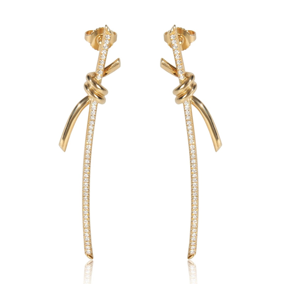 Tiffany & Co. Yellow Gold Diamond Knot Drop Earrings: Condition: Pre-owned - Good,Country of Origin: Italy,Shape: Round Brilliant,Item Length: 59 mm,With Original Box/Packaging: Yes,Side Stone Type: Diamond,Side Stone Weight (cts): 0.31,Metal Purity: 18k
