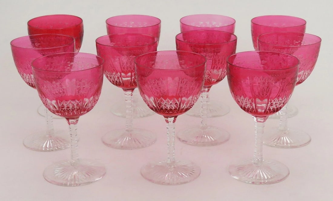 11 Antique c1870 Superb Quality Wheel Cut Ruby Red Wine Glasses (1 of 10)