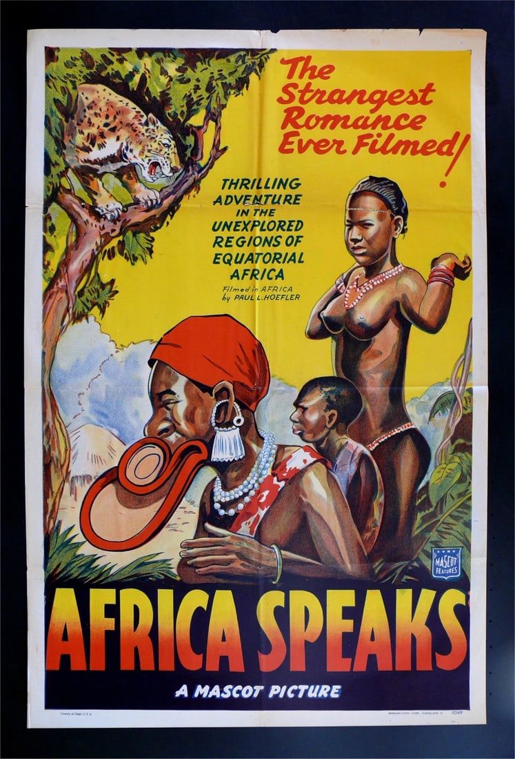 AFRICA SPEAKS 1SH ORIGINAL MOVIE POSTER 1930s TRIBAL BLACK: This is a genuine 27"x41" U.S. one sheet ORIGINAL MOVIE POSTER issued by the studio when the film was re released and meant for theatrical display.