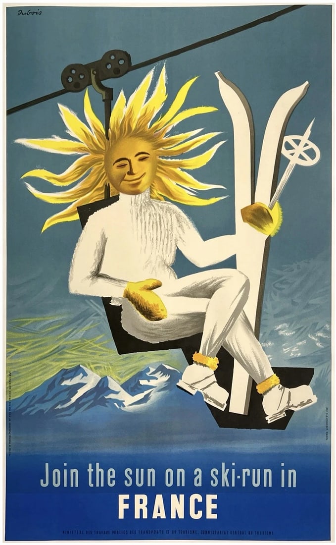 Original Vintage Poster JOIN THE SUN ON A SKI RUN IN FRANCE Travel Tourism LINEN: Dimensions: 24.2 x 39.4 in. / 61.5 x 100.1 cm.; Circa: 1950sOriginal vintage "JOIN THE SUN ON A SKI RUN IN FRANCE" travel poster, designed by artist, JAQUES DUBOIS, and printed circa 1950s.
