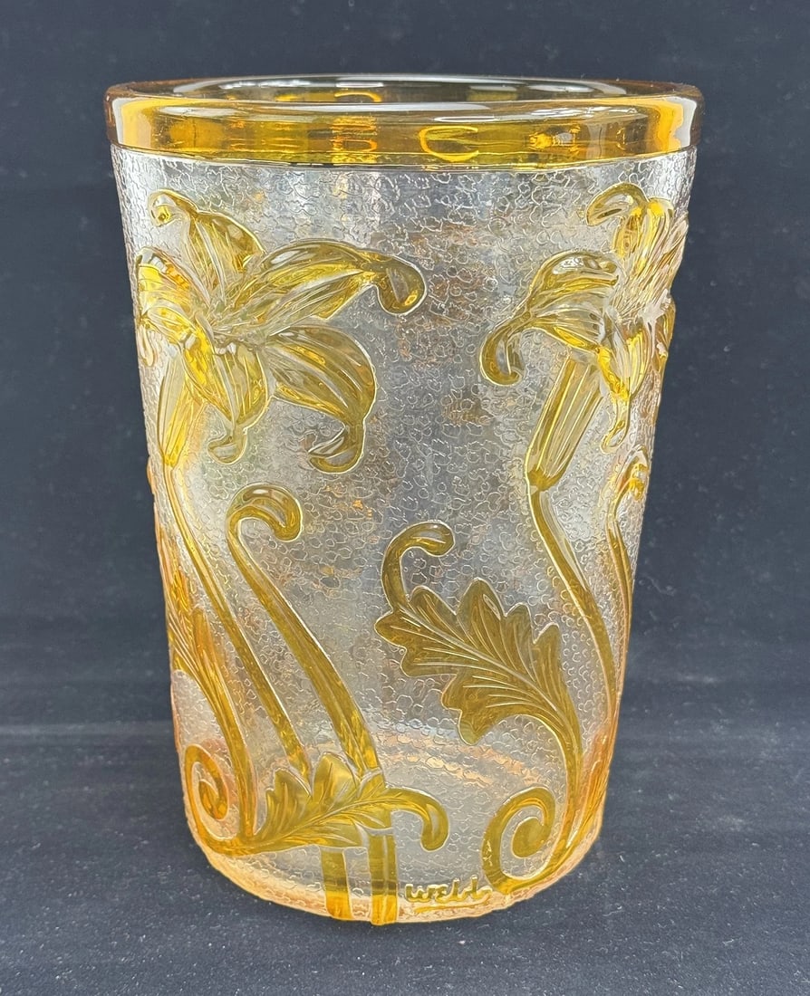 Signed Thomas Webb Cameo Fleur Glass Yellow Flowers Irises 8" Vase: a beautiful antique English “cameo fleur” glass vase by Thomas Webb & Sons, dating to circa 1900. The glass is yellow cut cameo style to clear, with a design of irises and their leaves and ste