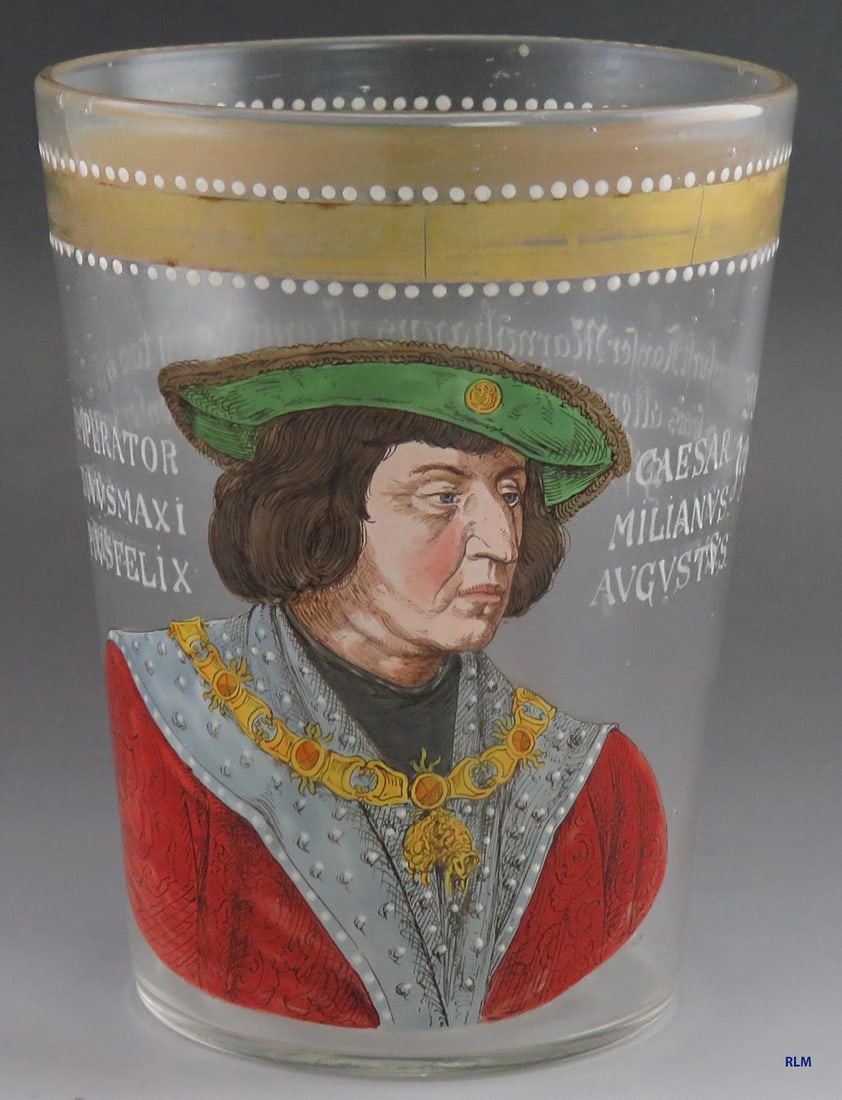 Early 1800's- Late 1800's Hand Painted & Hand Blown Flip Glass Cup: a nice piece of hand blown glass. WE believe this piece is a copy of a piece in a museum. The flip glass is all hand painted. The top is bordered with gold and white enamel dots along the gold. There