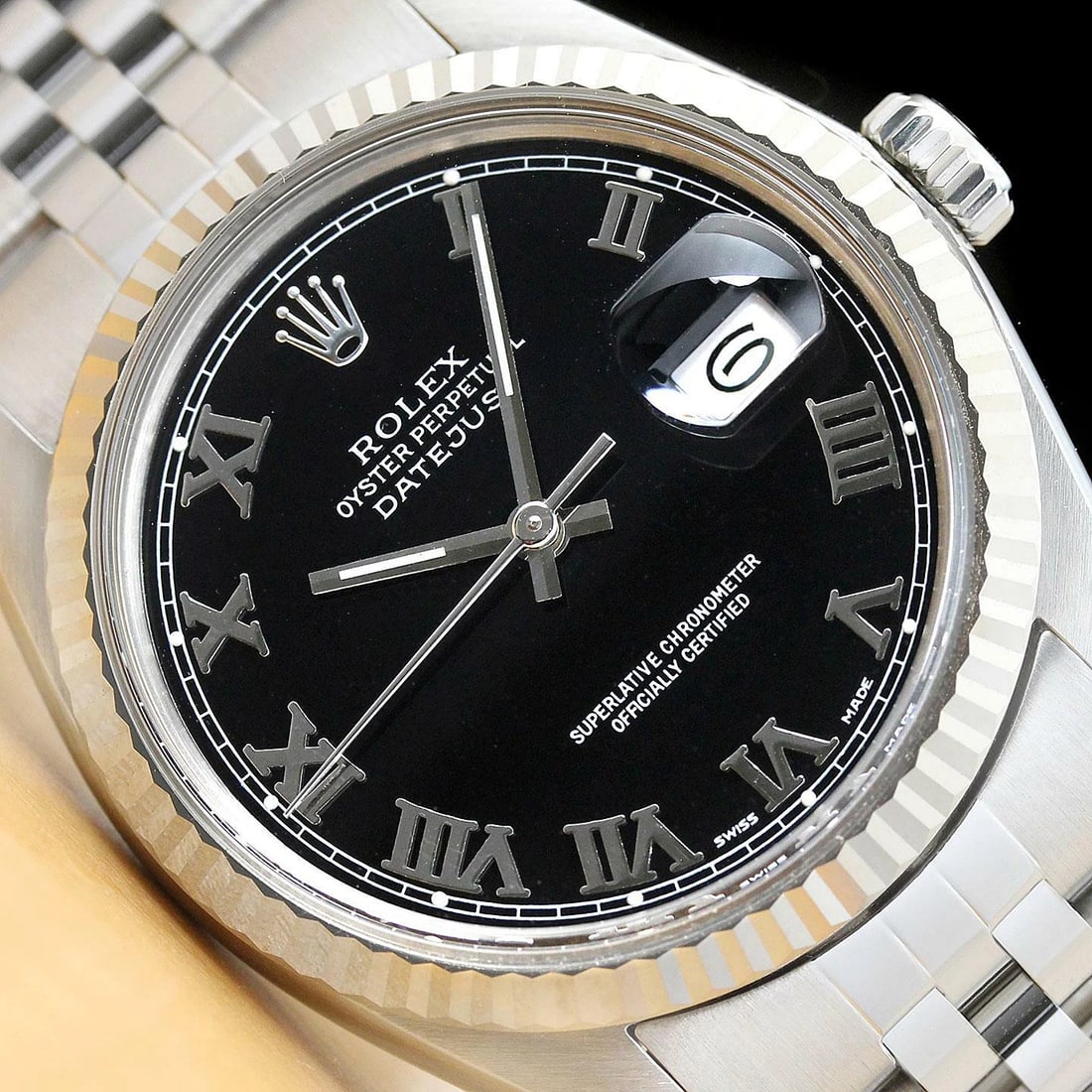 MENS ROLEX DATEJUST 16014 BLACK ROMAN 18K WHITE GOLD SS WATCH w/ JUBILEE BAND (1 of 8)