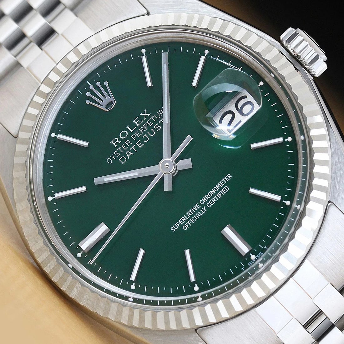 ROLEX MENS DATEJUST 1601 GREEN DIAL 18K WHITE GOLD STEEL WATCH w/ JUBILEE BAND (1 of 8)