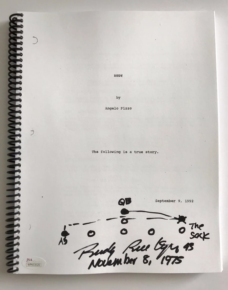 Rudy Ruettiger Signed "Rudy" Movie Script w/ "Hand Drawn Play" JSA COA Astin (1 of 5)