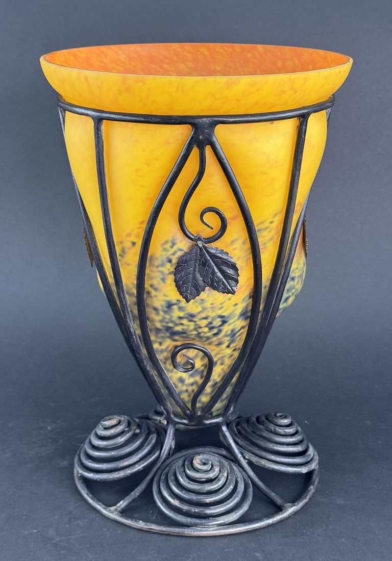 Orange Yellow Caged Glass Wrought Iron Art Deco Schneider/La Verre Style Vase (1 of 7)