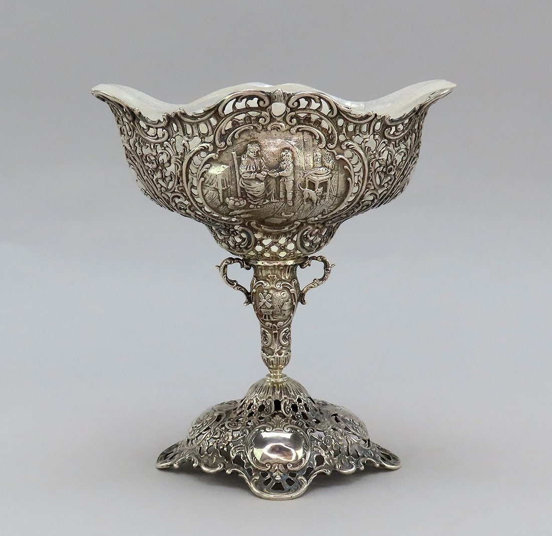 Ornate Antique German Pedestal Bowl w/ Original Glass Insert No Mono 7 in Tall (1 of 10)