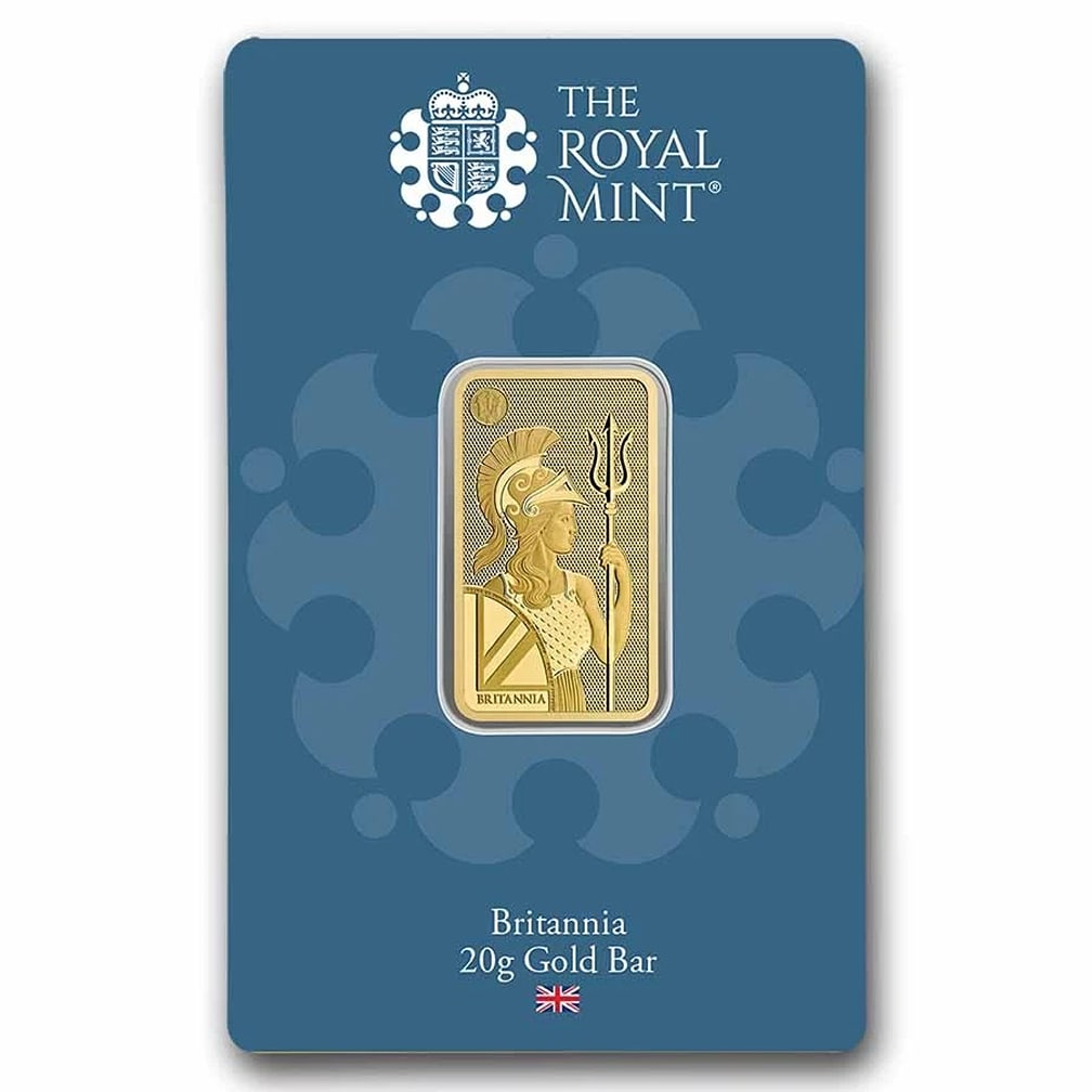 20 gram Gold Bar - The Royal Mint Britannia (New Assay): Country of Origin: England,Brand: British Royal Mint,MPN: 320168,Year: N/A,Fineness: 0.9999,Denomination: N/A,Circulated/Uncirculated: None,Certification: Uncertified