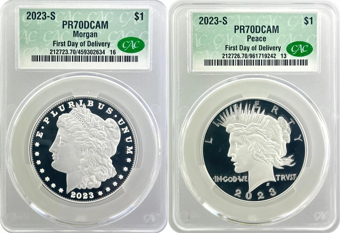 2023 $1 S Proof Silver Morgan Dollar and Peace Dollar 2 Coin Set CAC PR70 FDOD (1 of 5)