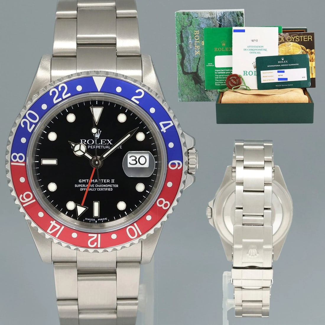 2001 PAPERS & 2021 RSC card Rolex GMT-Master 2 Pepsi Blue Red Steel 16710 Watch: ModelGMT-Master II 'Pepsi'Reference Number16710 Serial NumberKGenderMen'sMetalStainless SteelCase Size40.00mmWrist SizeThis watch will currently comfortably fit the average male wrist up to 7.50 inche