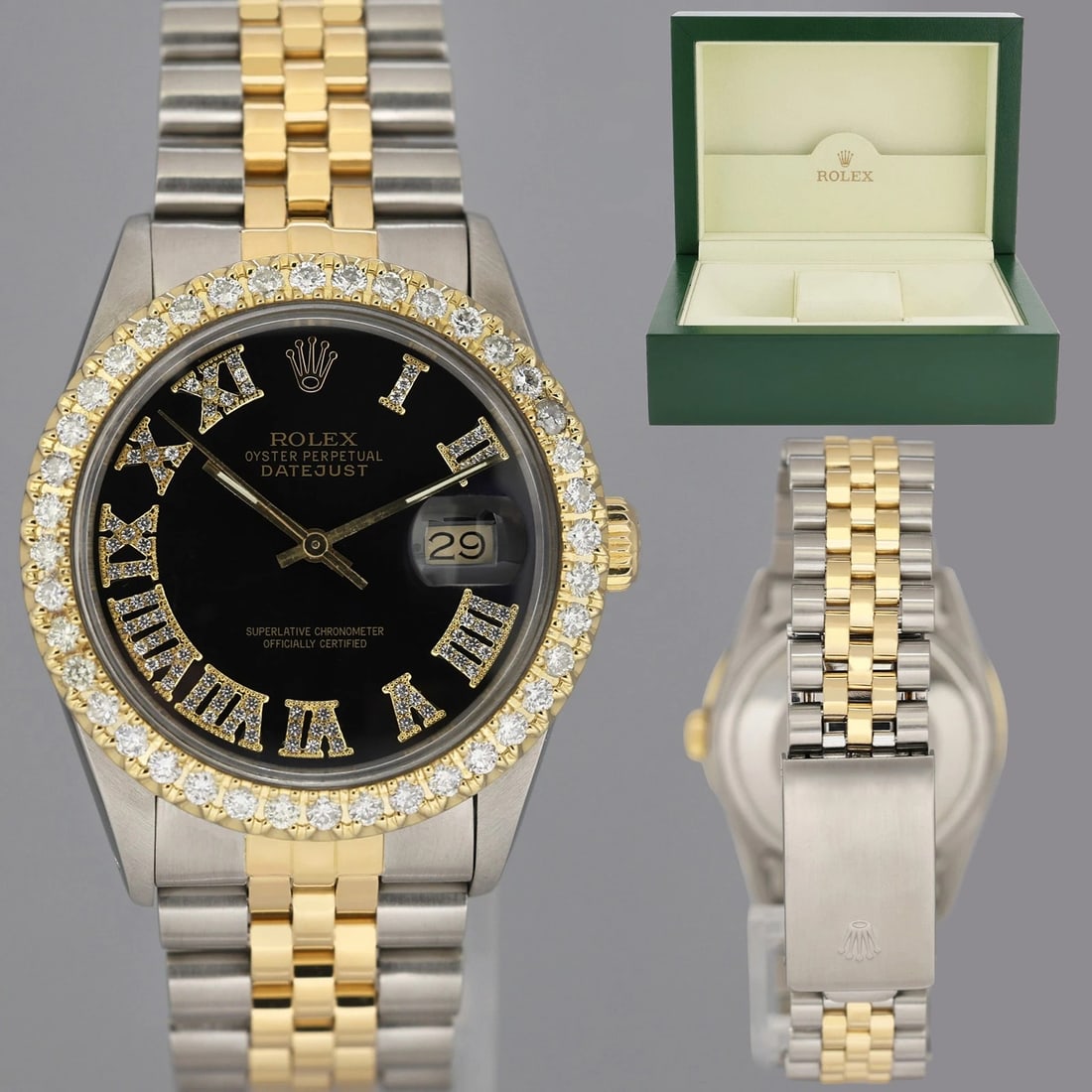 Rolex DateJust 16013 Black Diamond Bezel Two Tone Gold Jubilee Band Watch Box (1 of 7)