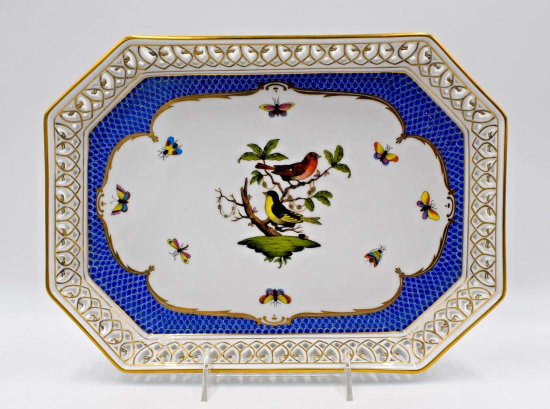 Herend Rothschild Bird Blue Scale Border Pierced Hand Painted Tray (1 of 8)