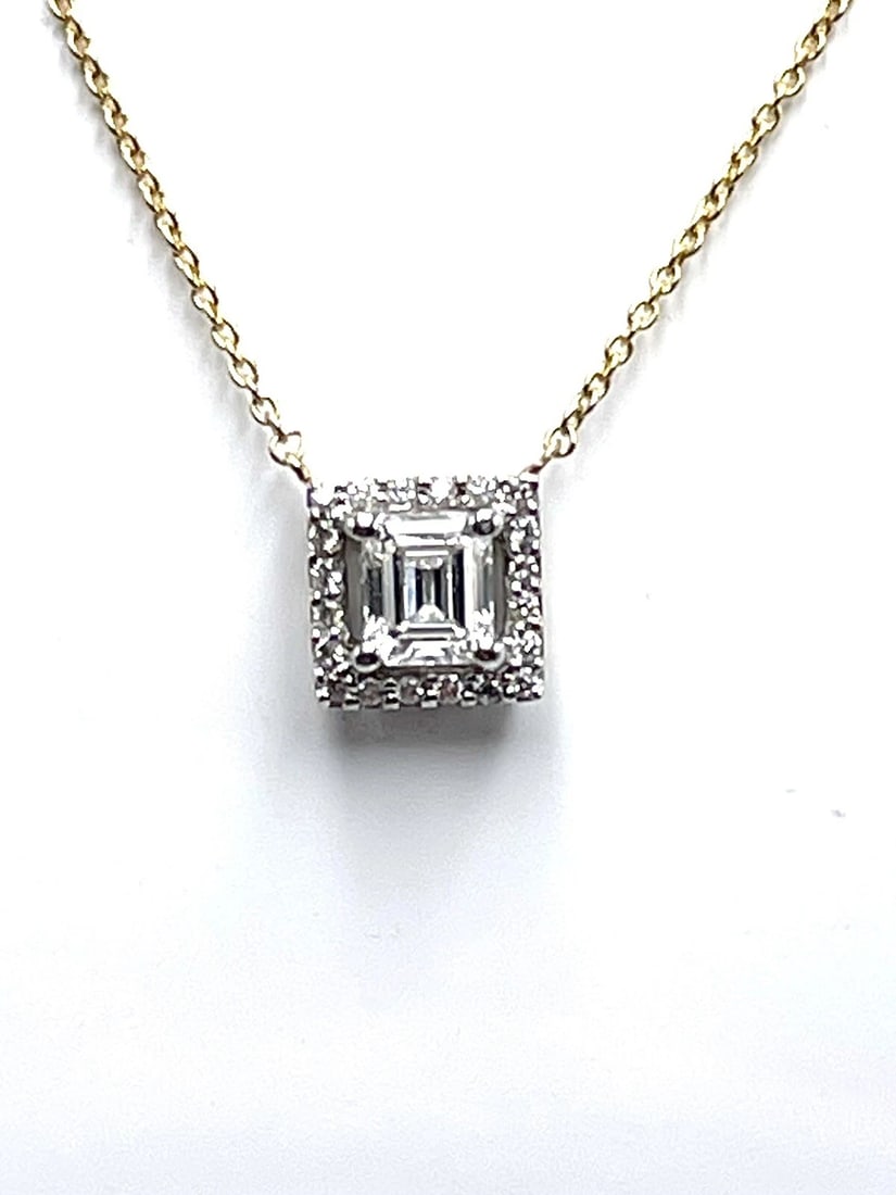 14kt Y/G NATURAL EMERALD CUT HALO DIAMOND PENDANT NECKLACE GIA CERT. 0.66 ct (1 of 11)